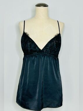 Cinema Etoile Black Satin Chemise with Lace Up Criss Cross Open Back size Medium